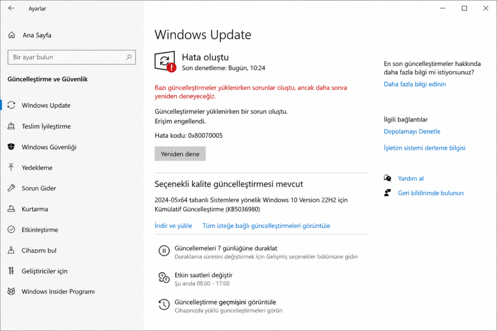 Windows Update 0x80070005 erişim engellendi hatası ekran görüntüsü