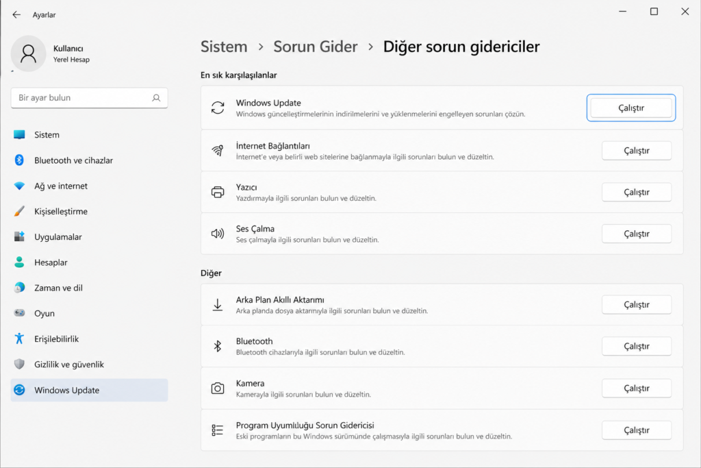 Windows Update sorun giderici ekranı