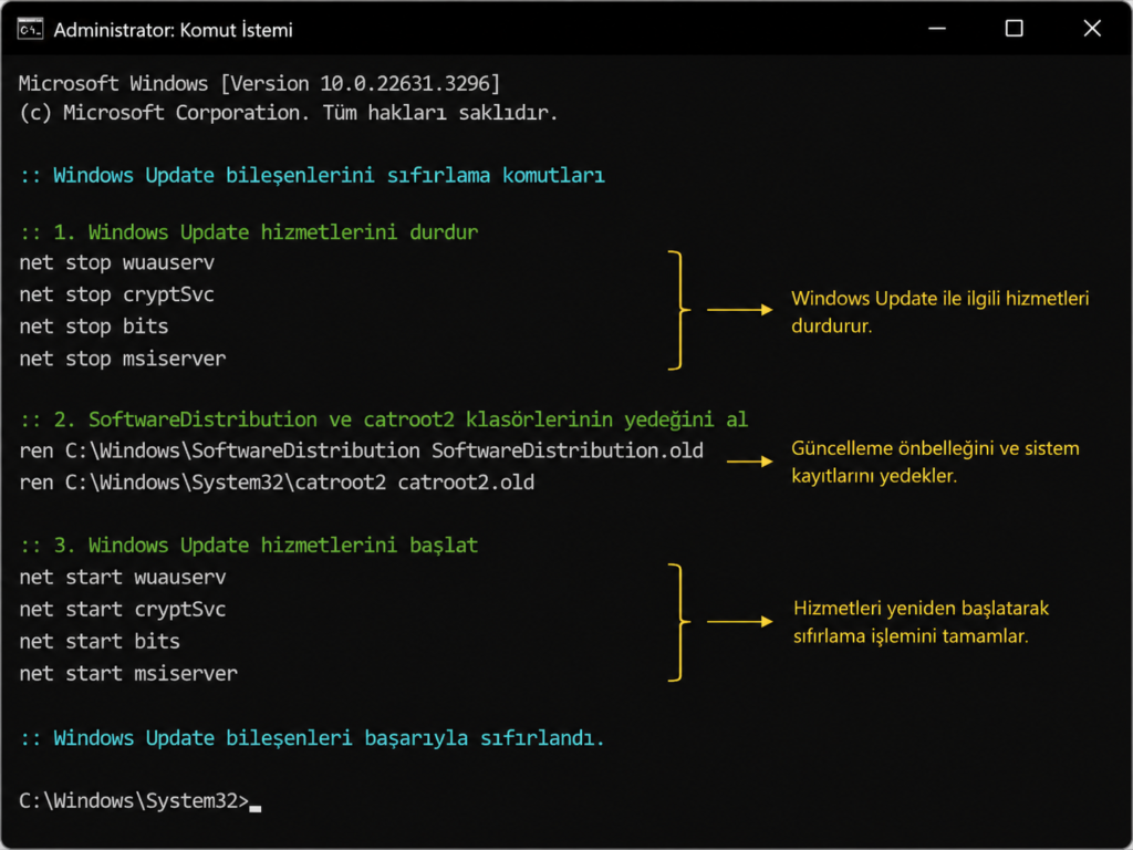 Windows update bileşenlerini sıfırlama komutları